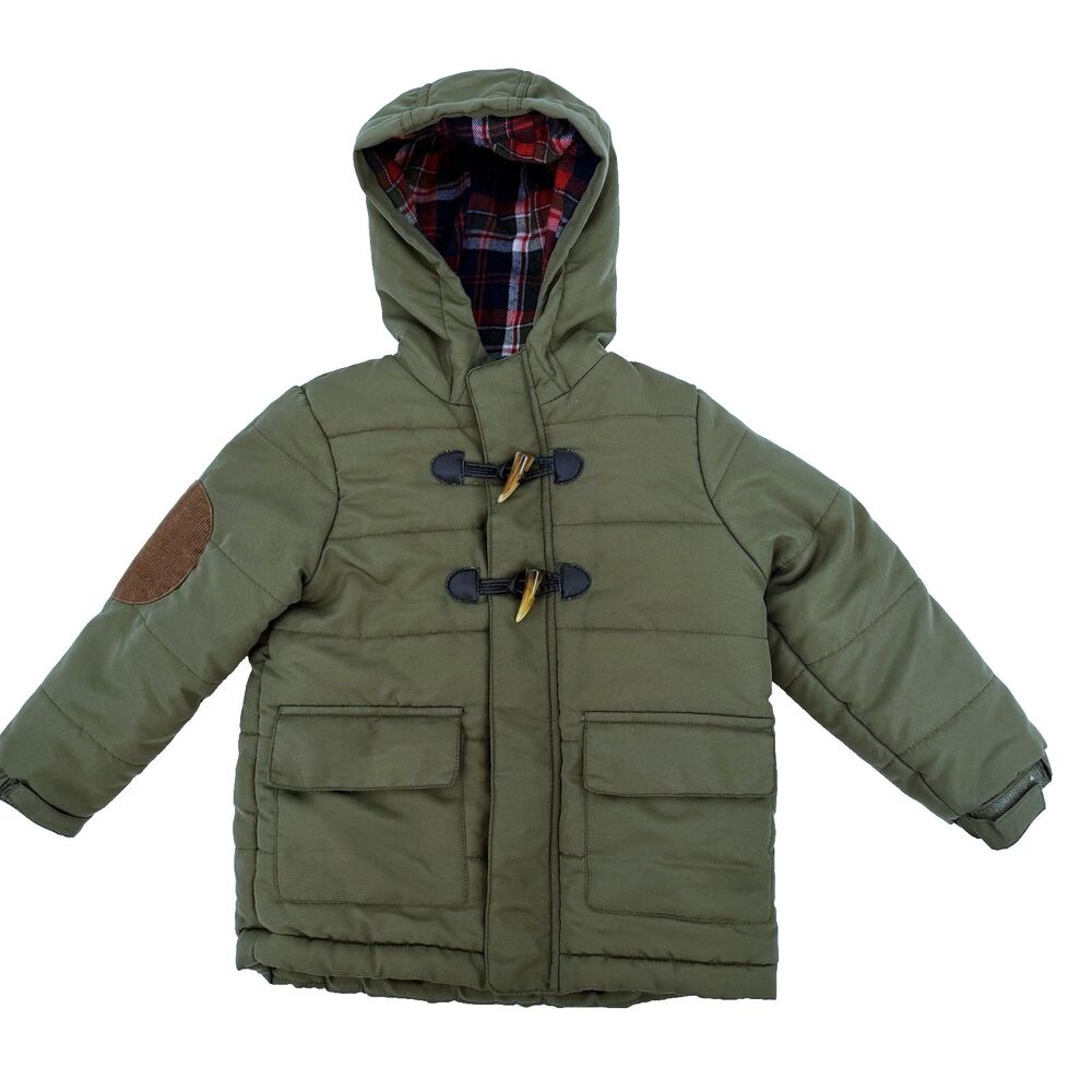 Tahari Kids 3T Olive Green Puffer Coat Plaid Lined Hood Toggle Jacket